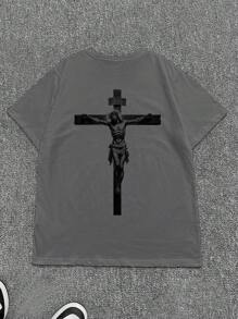 Manfinity Dauomo 男士休闲个性化字母印花短袖T恤，宽松圆领艺术设计 - 深灰色 - 查看 3