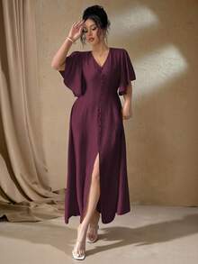 Roveilla Đầm Maxi Tay Loe Cổ Chữ V Đính Nút Phong Cách Bohemian Cỡ Lớn Cho Nữ, Thanh Lịch Khi Đi Làm, Thường Ngày, Ngày Lễ, Trà Chiều - Màu Tím - Xem 4