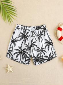 SHEIN Pantalones cortos de playa con cordón y estampado de palmeras, estilo de vacaciones para niño pequeño, a juego con mamá (se venden por separado 4 piezas) - Multicolor - Ver 4