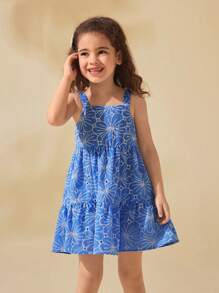 SHEIN Tween Girls Vacation Floral Embroidery Ruffle Hem Spaghetti Strap Dress - Blue - View 1