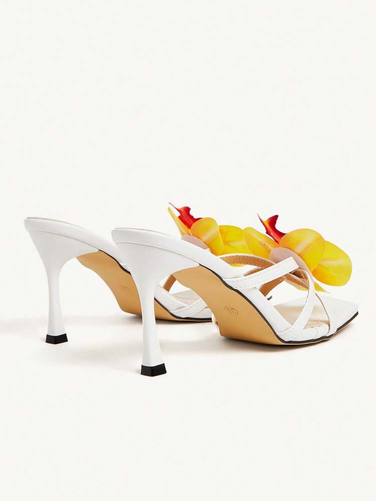 CUCCOO CHICEST Women's Iris Flower Strap Criss-Cross Square Toe Stiletto High Heel Sandals, Elegant Sweet Romantic Sexy, Yellow White Faux Leather, Suitable For Afternoon Tea, Date, Party, Vacation, Beach