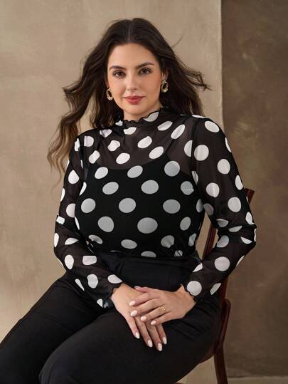 Truni 大码女式弹力修身波尔卡圆点印花网眼上衣