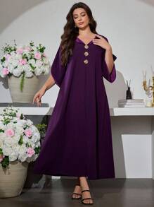 Al Najma 大码女式春秋翻领金属铆钉喇叭袖连衣裙 - 紫色 - 查看 9