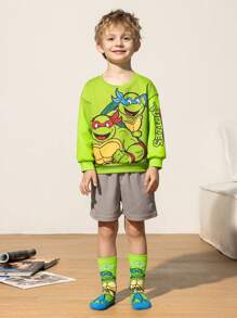 TEENAGE MUTANT NINJA TURTLES | SHEIN 4 双棉质柔软透气吸湿排汗儿童中筒袜绿色和蓝色可爱卡通图案中筒袜，加固脚趾和脚跟，经久耐用，男女通用，适合所有季节，百搭，适合学校和户外 - 彩色 - 查看 4