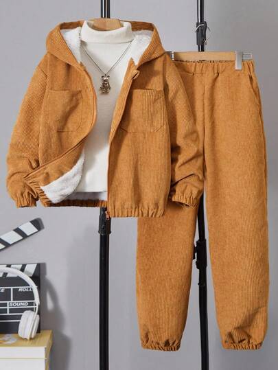SHEIN 2件套青少年男孩秋冬休闲灯芯绒衬里连帽外套和裤子套装