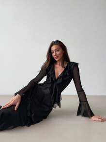 Aloruh Women's Fashion Elegant Arabic Style Long Sleeve Dress Black Knitted Dress Date Party Business Commuting Casual Simple Solid Color Dress Mesh Deep V Neck Sexy Ruffle Hem Romantic Dress Maxi Dress Bodycon Dress,Suitable For Spring And Summer,Graduation,Teacher Outfits For Women,Teacher Dress