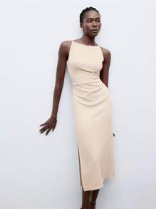 Maija 2025 Autumn/Winter New Apricot Off Shoulder Ruched Waist Side Slit Dress, Modern Elegant Urban Business Casual Office Wear, Suitable For Dates, Parties, Outings, Airports, Romantic Country Music Concerts, Korean Style, Airport, Wedding Guest, Birthday, Halloween, Christmas,Fall Wedding Guest Dress - Apricot - View 1