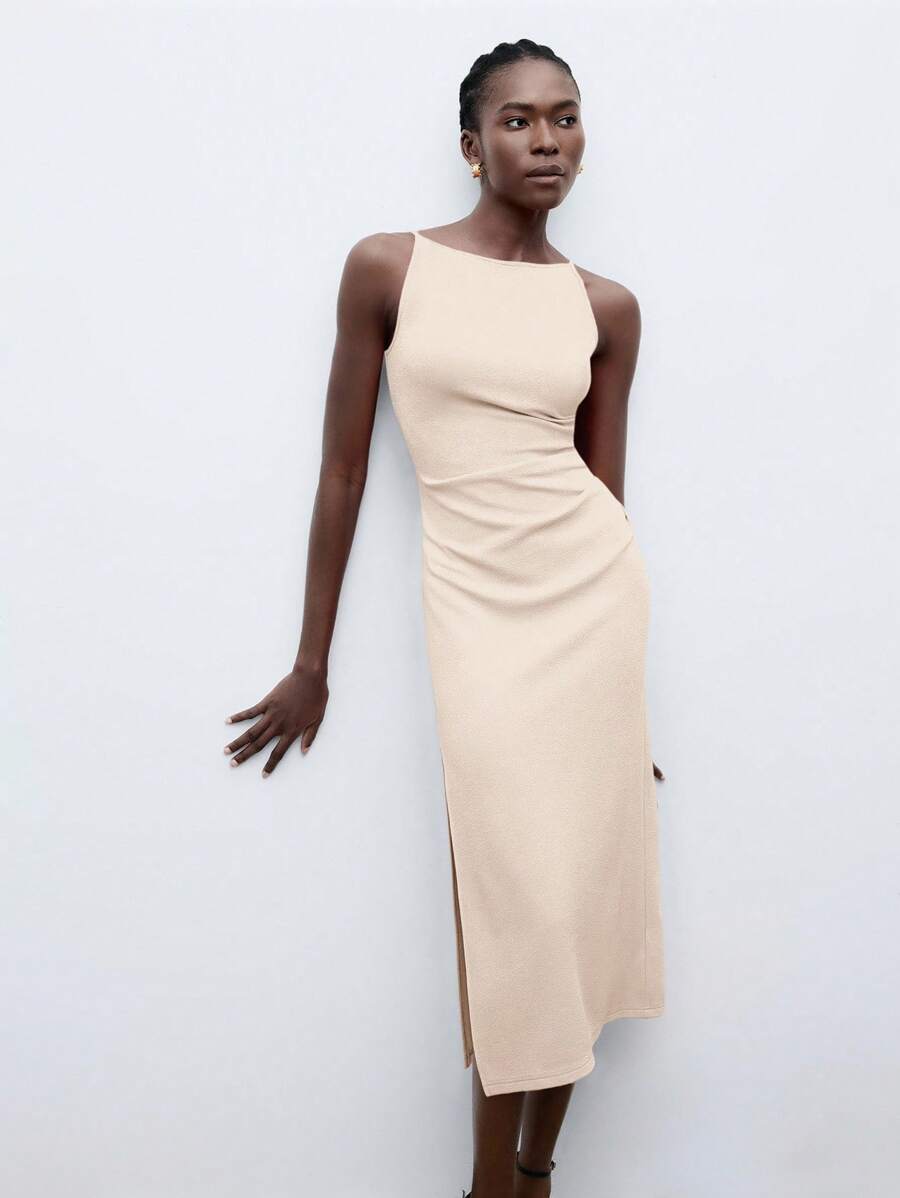 Maija 2025 Autumn/Winter New Apricot Off Shoulder Ruched Waist Side Slit Dress, Modern Elegant Urban Business Casual Office Wear, Suitable For Dates, Parties, Outings, Airports, Romantic Country Music Concerts, Korean Style, Airport, Wedding Guest, Birthday, Halloween, Christmas,Fall Wedding Guest Dress - Apricot - View 1