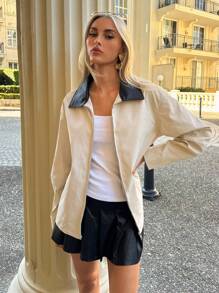 Siren Gaze Automne : Veste décontractée de navettage pour femmes en kaki - Col en PU contrastant, Fermeture éclair, Coupe ample | Style de grange Old Money, Décontracté chic modeste | Enseignant Aéroport 2025 Nouvel automne | Hiver pour femmes et Indispensable hiver pour femmes - Nude - Voir 7