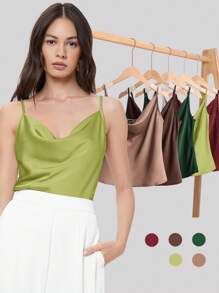 BizChic 女士无袖缎面吊带背心，浪漫优雅日常时尚商务休闲装，适合办公室、工作、日常通勤，复古风格 - 綠色 - 查看 3