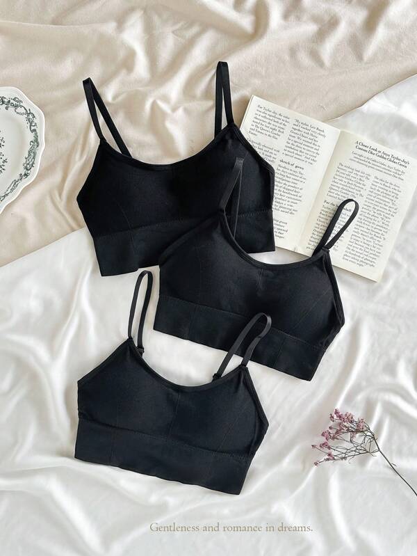 SHEIN 3pcs/Set Teen Girl Simple Fashion Black Solid Color Bras With Pads Bra Set