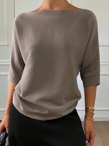 DAZY 女式纯色修身船领七分袖休闲优雅针织上衣，秋冬 - 灰色 - 查看 6