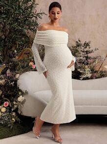 MaterniChic Fall Clothes,Autumn Clothes,Maternity Autumn/Winter Clothes Maternity Maternity Solid Color Pleated Off Shoulder Long Sleeve Fitted Elegant Dress Maternity Baby Shower Dress Pregnancy Photoshoot Dress Off Shoulder White Dress Maternity Dress Maternity Photoshoot Dress White Maternity Dress