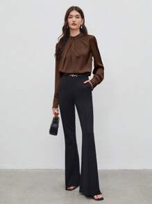 BizChic 女式秋季高领不对称设计褶饰宽松长袖上衣，基本款都市通勤简约优雅时尚商务休闲装，适合教师、办公室、婚礼、音乐会 - 棕色 - 查看 5