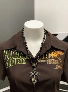 StreetHx Áo sơ mi tay ngắn in chữ và cây cọ phong cách Punk dành cho nữ - màu nâu - Xem 4