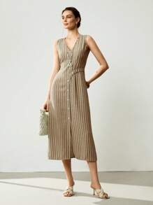 Uhlyne Váy dài vừa phải không tay cổ chữ V họa tiết sọc thường ngày và đi làm dành cho nữ, mới cho mùa hè - màu nâu - Xem 9