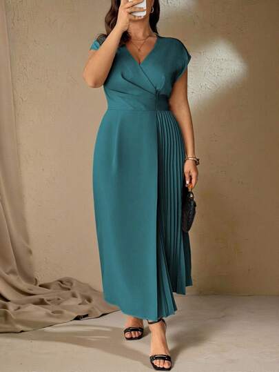 Roveilla Women Plus Size Simple Elegant French Style V-Neck Gathered Waist Ruffle Hem Long Sleeve Midi Dress, Suitable For Commuting, Business, Casual, Vacation, Afternoon Tea