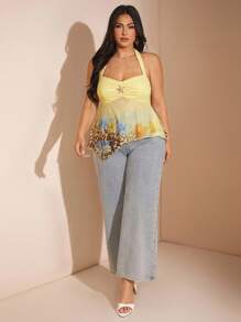 SHEIN BAE Plus Size Spring/Summer Solid Yellow, Leopard Print, Floral Printed Halter Neck Cami Top, Vacation Wear, Halloween