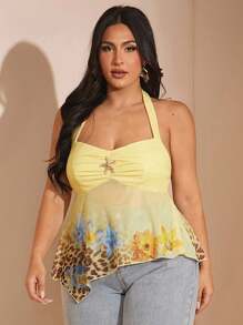 SHEIN BAE Plus Size Spring/Summer Solid Yellow, Leopard Print, Floral Printed Halter Neck Cami Top, Vacation Wear, Halloween