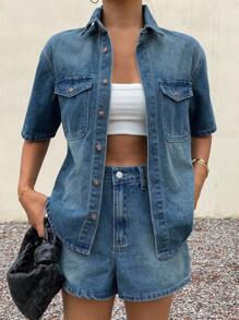 Livesso Women's Summer Short Sleeve Shirt Top And Denim Shorts Set