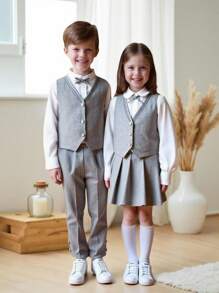 SHEIN 3pcs/Set Young Boy Gentleman Style Shirt, Vest And Pants, Sibling Matching, Spring/Autumn Toddler Boys Formal Wear Elegant Boys Outfits Little Boy Suit Set Boys Vest Set Boys Dressy Outfit Fall Winter - Grey - View 1