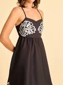 CAJUNI Women's Tropical Bohemian Style Leaf Print Sleeveless Mini Dress, Casual Holiday Beach Wear - Black and White - View 5