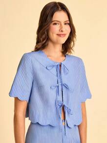 CAJUNI Women's Boho Vacation Casual Beach Hawaiian Cropped Straight Wavy Hem And Cuff Blouse