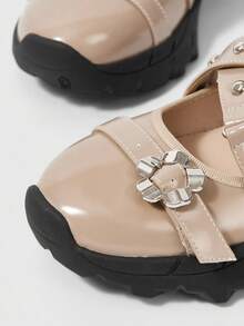 ROMWE Grunge Punk Women's Chunky Mary Jane Shoes, Round Toe Functional Ballet Sneakers, PU Material, Khaki Color With Buckle Design, Suitable For Sports, Graduation, Photography - Khaki - View 4