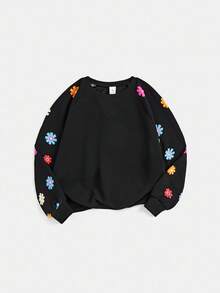 SHEIN Bộ 2 món đồ dễ thương thường ngày nhiều màu sắc họa tiết hoa/hoa, áo nỉ tay raglan in hình trái tim và quần ống loe, tuyệt vời cho trang phục thường ngày & mặc hàng ngày & đi học vào mùa thu & đông, thời trang ngọt ngào & dễ thương & thoải mái & đa năng, đi học, ở nhà, kỳ nghỉ gia đình, cho Giáng sinh, Halloween, bé gái Y2K. - màu đen - Xem 4