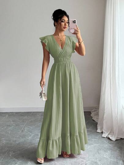 Elenzga Solid Ruffle Hem Dress Maxi Vacation Beach Outfits Women