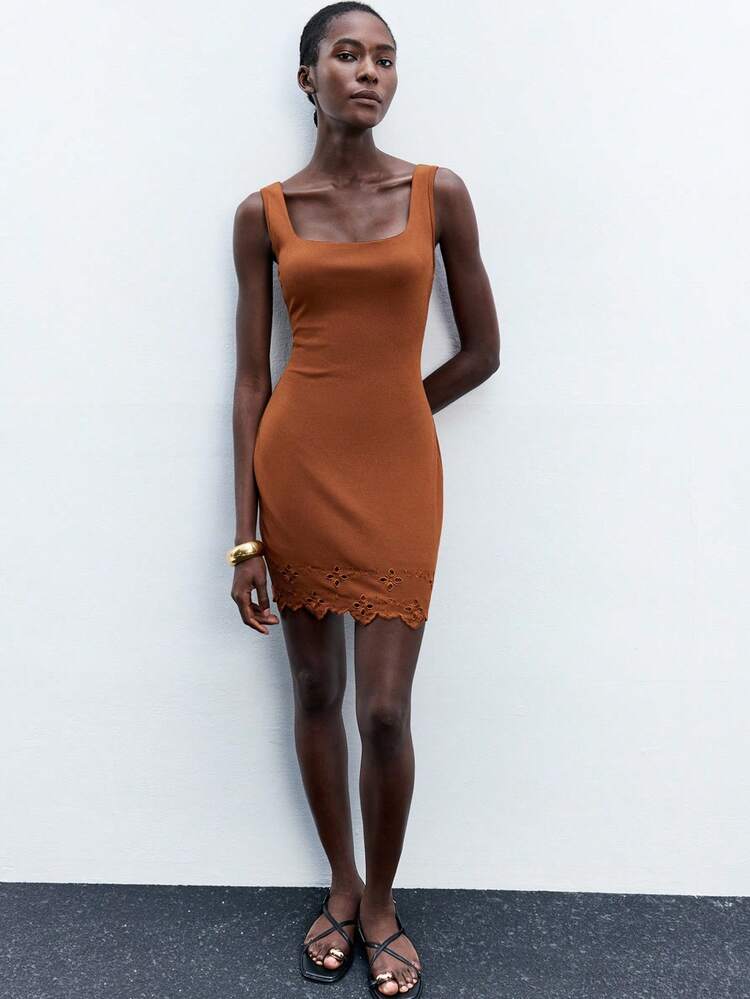 SHEIN Maija Damen Kleid mit quadratischem Ausschnitt, breiten Trägern, ärmellos und besticktem Saum, urbaner minimalistischer Business-Lässig eleganter Partykleid
