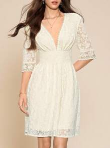 Amorya 女士V领提花针织收腰A字半袖蕾丝边优雅连衣裙，适合春夏秋季穿着，白色连衣裙 - 杏色 - 查看 8