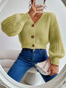 EURMUSE 女士纯色落肩长袖单排扣休闲宽松开衫 - 黃色 - 查看 1