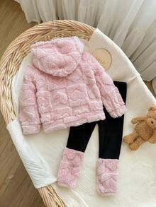 2 件套女婴可爱粉色蓬松连帽衫和裤子套装，秋冬女婴冬季服装幼儿女童冬季服装女童冬季服装套装两件套女婴冬季服装女婴秋季保暖衣服套装