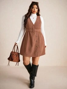 Elaquor Váy suông cổ điển màu nâu phong cách đại học thường ngày mùa thu, vải nhung kẻ, túi thắt lưng có thể tháo rời, cỡ lớn dành cho nữ, quần áo mùa đông - màu nâu - Xem 1