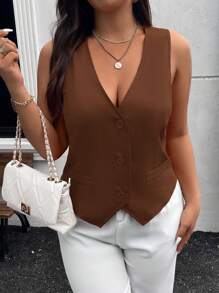 SHEIN Privé 大码优雅通勤高街网眼高端场地背心套装，单独穿着或作为外套，玫瑰红色女士马甲商务休闲背心女士背心棕色背心棕色上衣女士秋冬 - 棕色 - 查看 7