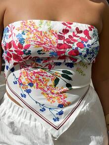 NegzBox Women's Floral Printed Asymmetric Hem Bandeau Top - Apricot - View 3