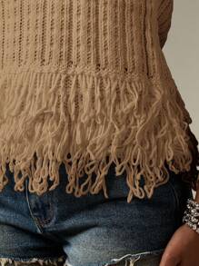 MISSGUIDED Halter Neck Ribbed Fringe Tank Top Summer Boho Hippie Festival Sleeveless Sweater Knit Resort Vacation Travel Beach Wear - Mocha Brown - View 7