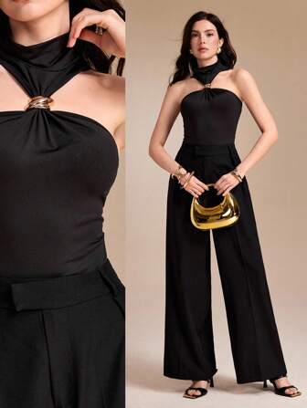 Spring Affair Black Solid Color Metal Button Sleeveless Mock Neck Sexy Women Top,  Elegant Party Casual