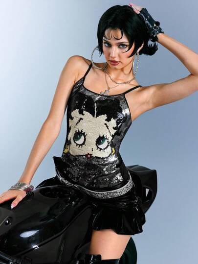 Betty Boop | ROMWE Canotta slim fit da donna con motivo a cartone animato con paillettes, estiva