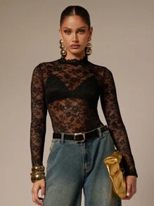 Silquee Sexig, transparent bodysuit med blommig spets och ståkrage för kvinnor, långärmad - Svart - Visa 7