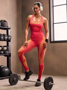 Powerista Women's Letter & Striped Print Hollow Back Racerback Tight Jumpsuit - Hot Pink - View 2