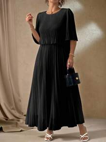 Roveilla Váy xếp ly voan trơn màu thanh lịch cỡ lớn, phù hợp cho mùa xuân và mùa hè - màu đen - Xem 3