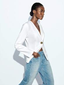 Maija 女式米色 V 领百搭、时尚都市时尚必备舒适 V 领落肩长袖、后开衩设计、正面金属玫瑰花装饰、商务休闲办公装、低调复古氛围、高端品质、都市通勤、杂志编辑标志性风格、城市社交派对外套女式西装外套女式西装外套短款西装外套白色西装外套女式金属装饰秋装