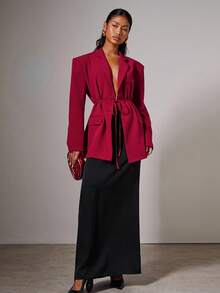 COSMINA Women's Elegant Waist Tie Thin Blazer Jacket, Autumn/Winter - Burgundy - View 4