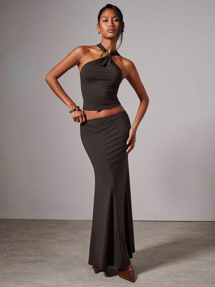 COSMINA Women's Elegant Fitted Knit Halter Neck 2 Pieces Set - Brown - View 1