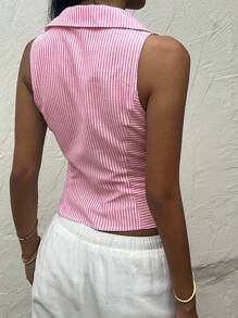 SHEIN EZwear Tailliertes ärmelloses Damen-Hemd mit rosa gestreiftem Webmuster