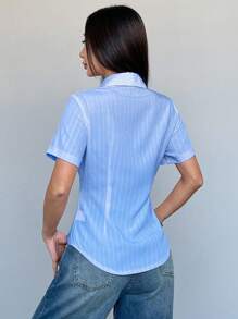 SHEIN Unity Slim Fit Minimalist Pink Stripe Short Sleeve Casual Shirt For Women - Multicolor - View 2