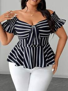 SHEIN CURVE+ Elegancka bluzka do pracy w dużym rozmiarze z kokardą i paskiem - Granatowy - Zobacz 8