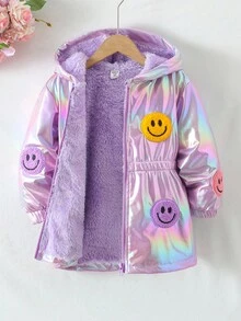 SHEIN 年轻女孩 1 件毛绒保暖经典街头风格连帽长袖外套年轻女孩蓬松外套 - 卡其色 - 查看 1